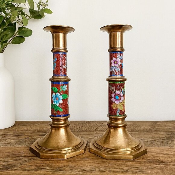 Cloisonne Brass Candlestick Holders Floral Bird Set Of 2 VTG Eclectic Home Decor - Picture 1 of 15